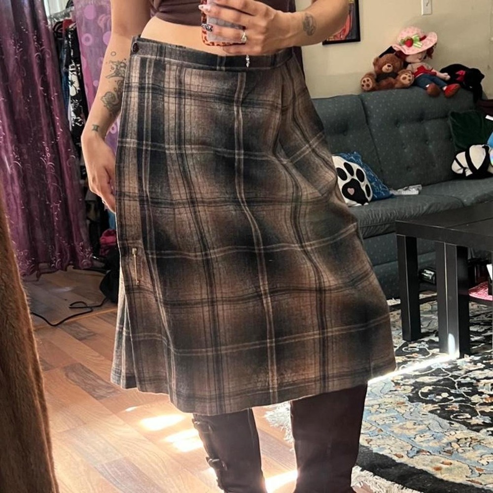Vintage Brown Plaid Midi Kilt Skirt